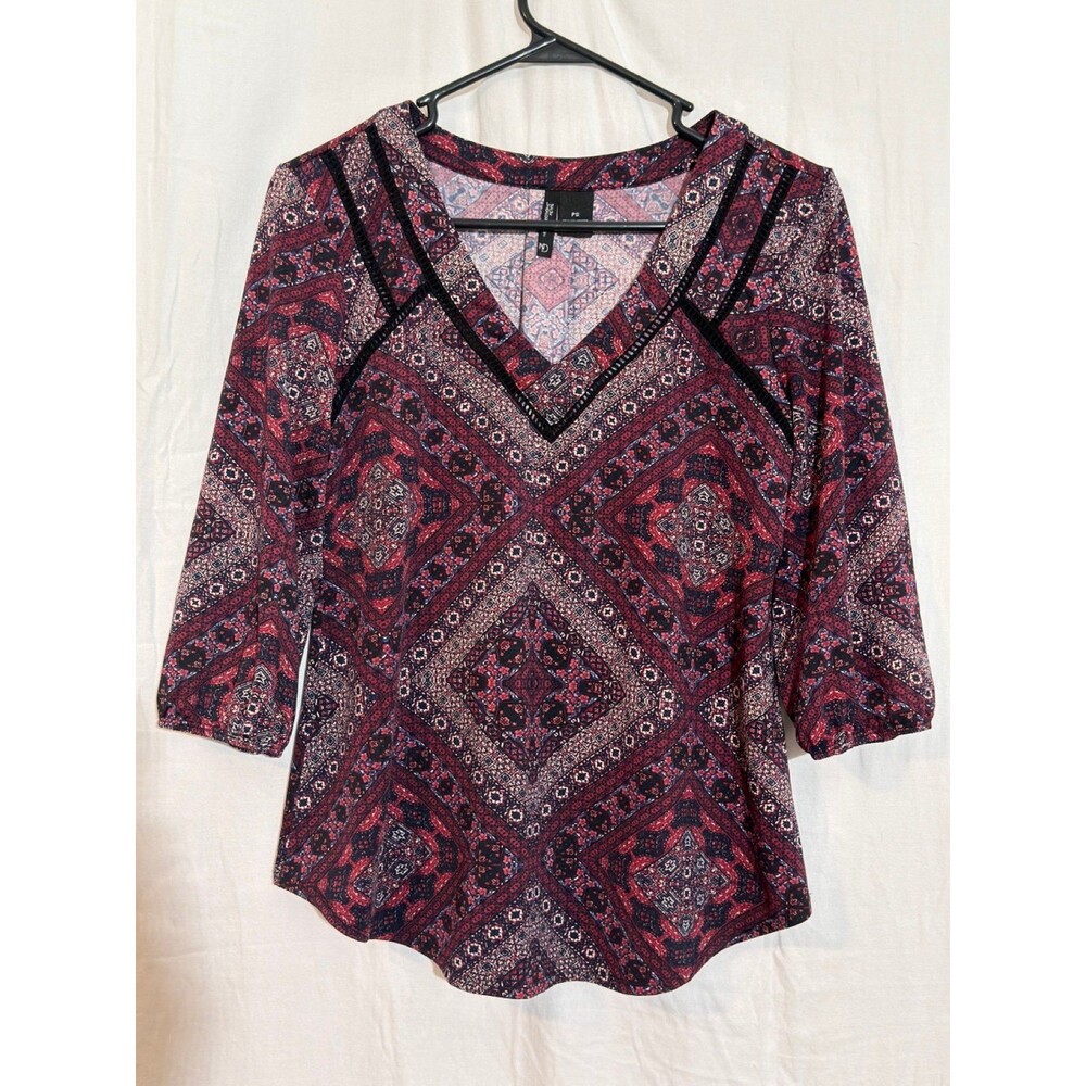 New Directions Petite Boho Print V-Neck 3/4 Sleeve Top PS Multicolor